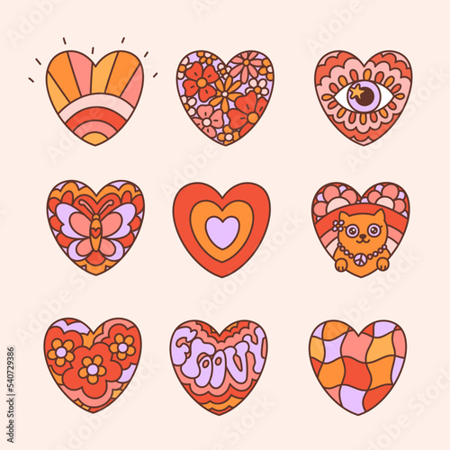 Retro set with groovy hearts. Colorful vector illustration in vintage style. Hippie style 60s 70s