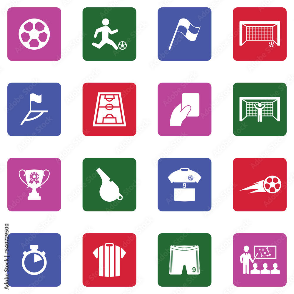 Soccer Icons. White Flat Design In Square. Vector Illustration.