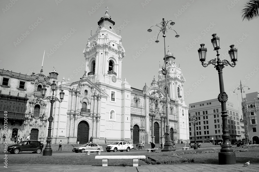 The Basilica Cathedral of Lima, One of the Impressive UNESCO World Heritage Site in the Historic Center of Lima, Peru, South America in Monochrome