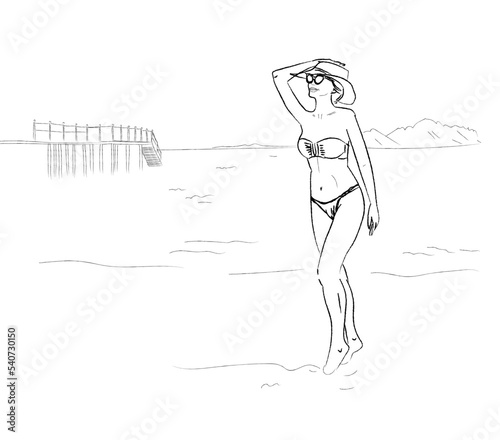 Woman at the beach vector line art illustration banner poster