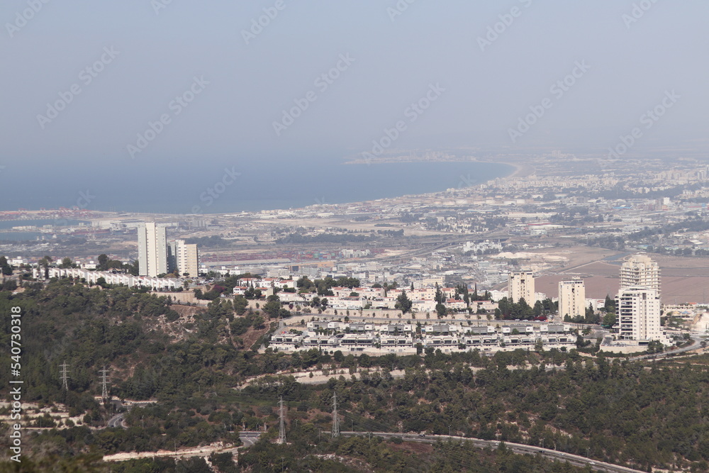 the cityscape of haifa city with the surrounding neighboring cities of akko and krayoot and the mediterranean sea