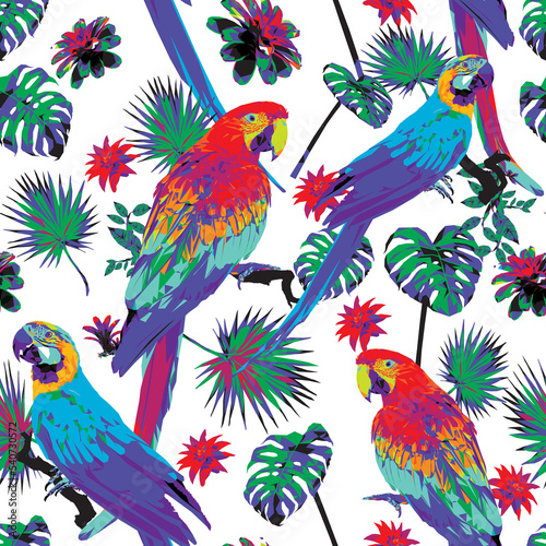 Seamless pattern Hand drawn Macaw birds and tropical leaves