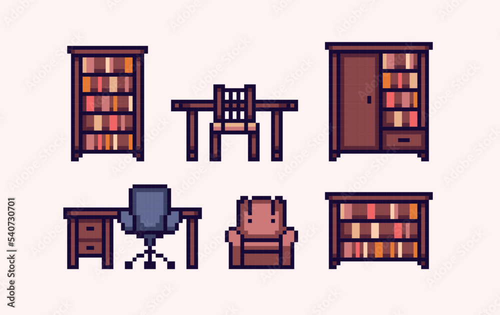 Bookshelf furniture pixel art set. , Bookcase, desk, library or cabinet interior collection. 8 bit sprite. Game development, mobile app. Isolated vector illustration. Bookshelf furniture pixel art set. , Bookcase, desk, library or cabinet interior collection. 8 bit sprite. Game development, mobile app. Isolated vector illustration.
