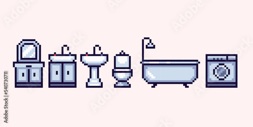 Bathroom interior pixel art set. Sink, bath and toilet, home equipment collection. 8 bit sprite. Game development, mobile app.  Isolated vector illustration.