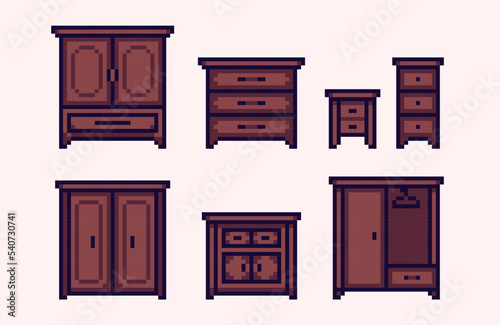 Wooden closet, cabinet pixel art set. Dresser, home furniture collection. 8 bit sprite. Game development, mobile app.  Isolated vector illustration.