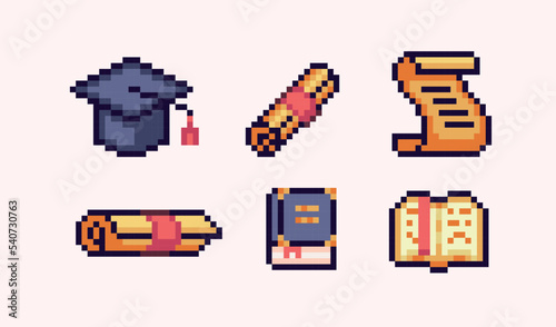 University, school icons pixel art set. Education certificate and graduate hat collection. Books and scrolls. 8 bit sprite. Game development, mobile app.  Isolated vector illustration.