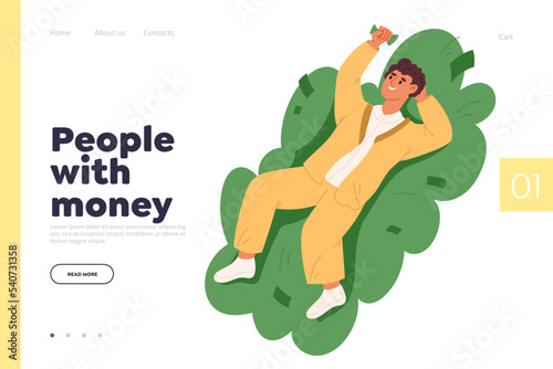 People with money concept of landing page with rich man lying on cash dollar currency stack