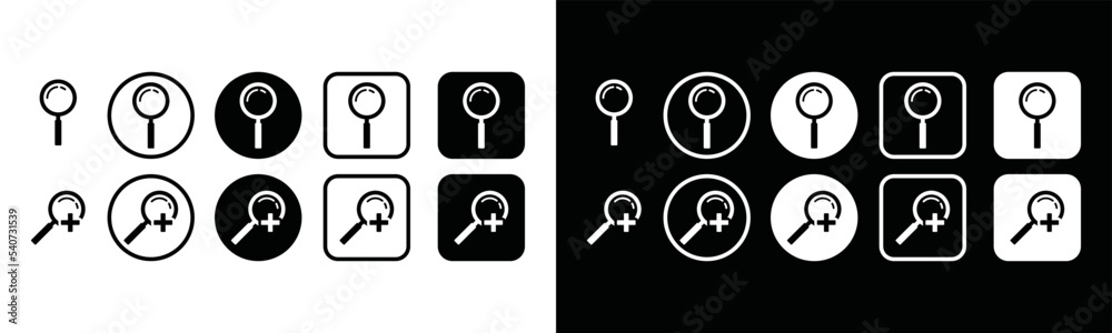 Search icon vector collection. Simple magnifying glass icon symbol illustration set. Magnifier with plus sign Search icon vector collection. Simple magnifying glass icon symbol illustration set. Magnifier with plus sign