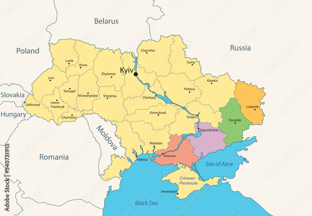 administrative map of Ukraine with colored 4 ukrainian areas - Kherson, Zaporizhzhia, Donetsk and Luhansk regions. Vector illustration