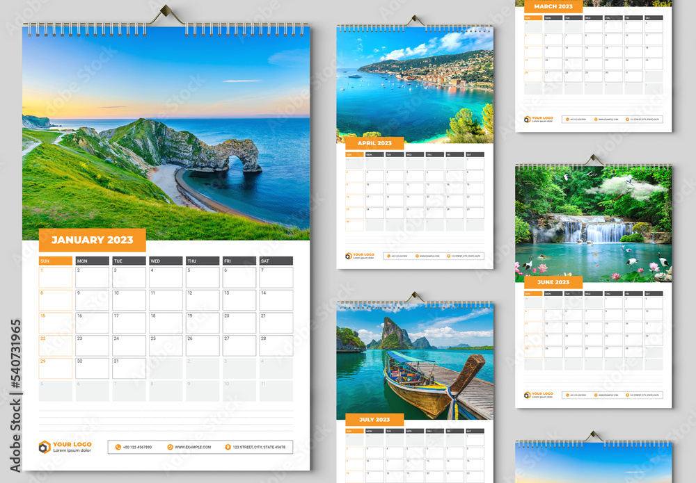 2023 Tabloid Calendar Layout with Orange Accents Stock Template Adobe