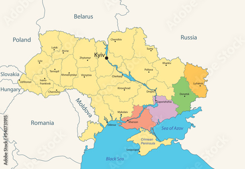 administrative map of Ukraine with colored 4 ukrainian areas - Kherson, Zaporizhzhia, Donetsk and Luhansk regions. Vector illustration
