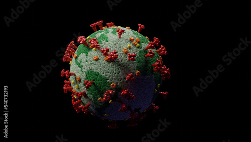 Covid-19 coronavirus with the lipid layer colored as the world as in worldwide pandemic