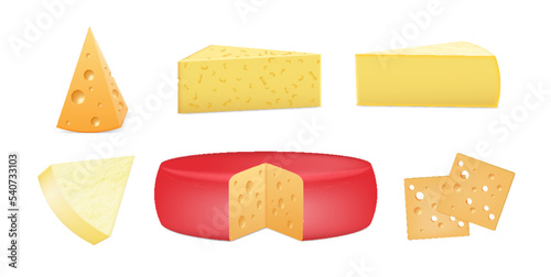Set of realistic cheese pieces. Fresh hard cheese sliced, whole head. Tasty dairy cuisine ingredient