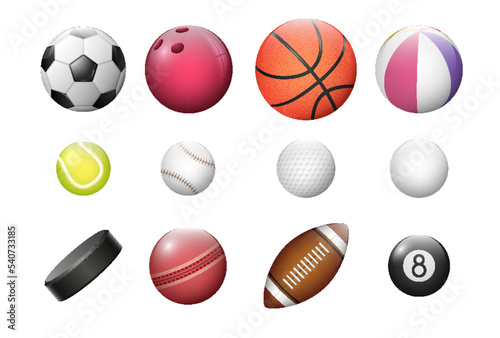 Realistic balls sport games. Rugby, football, soccer, basketball, tennis, volleyball, hockey, golf