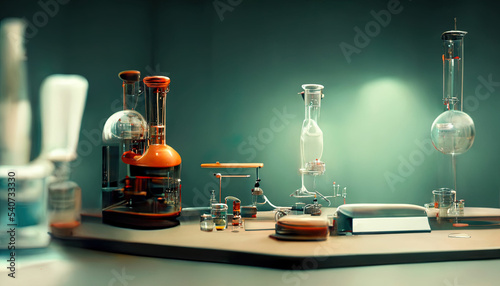 Mad scientist fantasy laboratory, research workspace with twisted lab equipment, 3d illustration