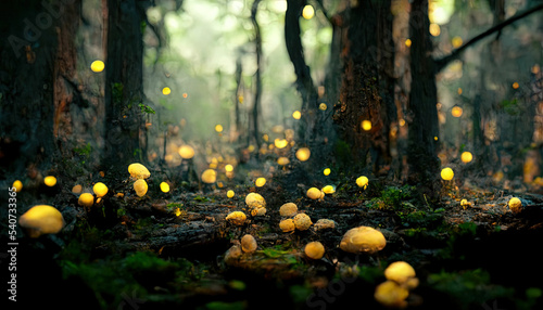 Mystical magical forest at night with glowing lights