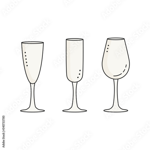 Crystal glasses set. Kitchen cooking tools and appliances, kitchenware, utensil icons set. Doodle style.