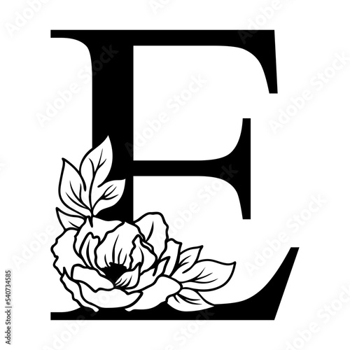Floral letter E svg, Initial letter E with flower, Monogram alphabet
