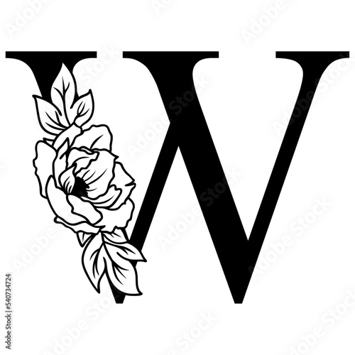 Floral letter W svg, Initial letter W with flower, Monogram alphabet