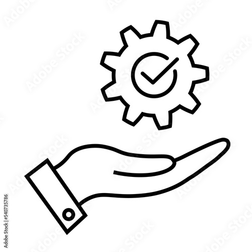 Cog with check mark on hand line icon in flat. Successful process symbol on white. Success sign with cog on hand. Execution, progress, development icon in black Vector illustration for Web, UI, app.