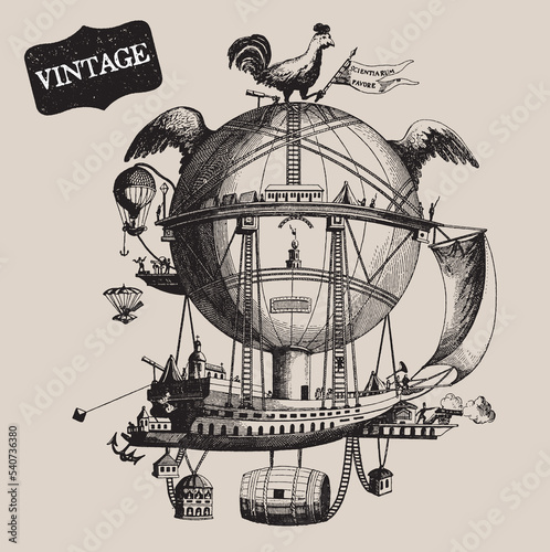 Vintage Transportation. Passenger Aircraft. Balloon, Dirigible or Zeppelin, Airplane. Retro Line Drawing. Engraving Old Transportation. Travel Journey Concept. Invention of Flying Aircraft Machines. 