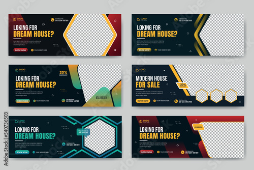 Real estate social media facebook cover banner template set and Horizontal web banner for home for sale