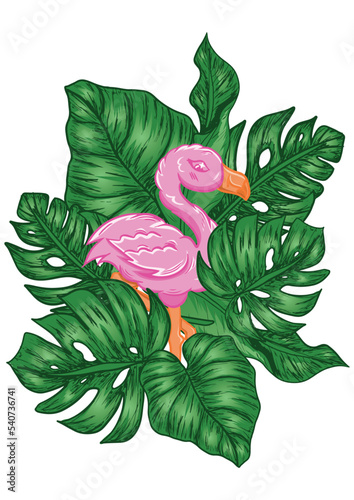 Cute pink flamingo with tropical leaves illustration