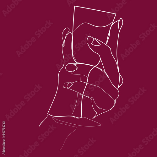 One line woman hand holds glass of wine