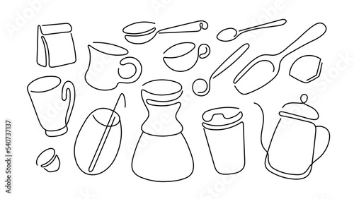 Coffee linear set Abstract cups, glass and takeout