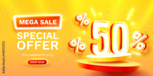 Mega sale special offer, Neon 50 off sale banner. Sign board promotion. Vector