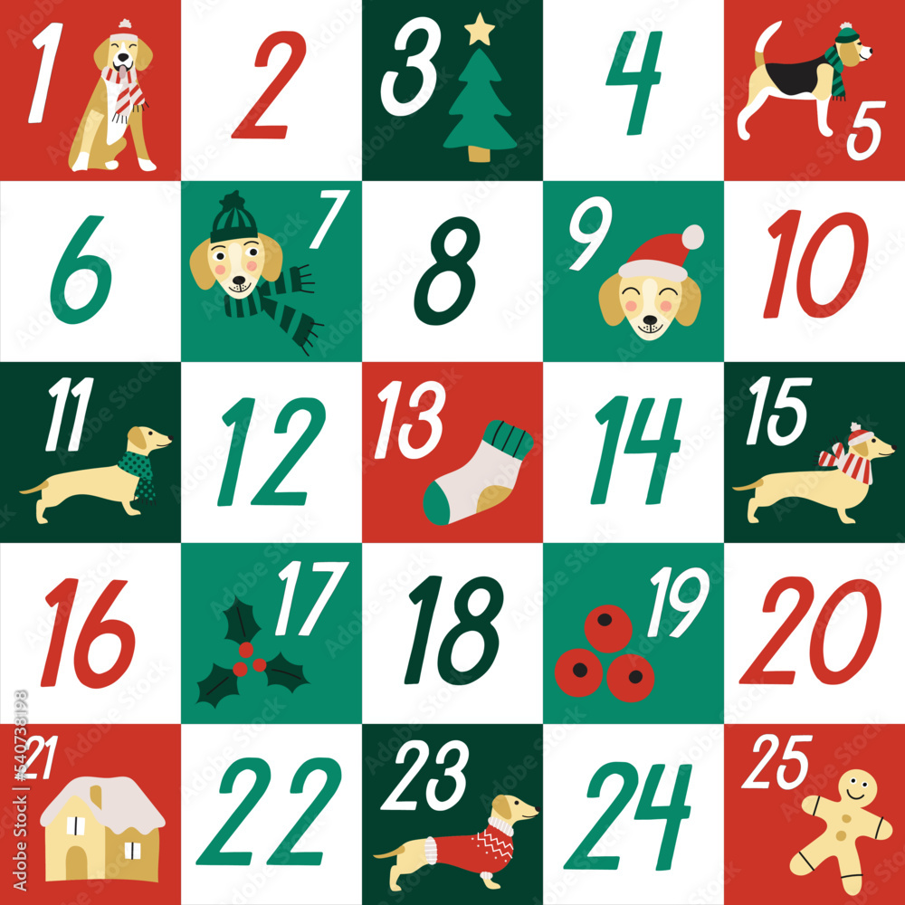 Cute advent Christmas dogs pups December calendar with colourful letters, Santa, mistletoe, tree, present, gingerbread man, village, candy. adjustable vector