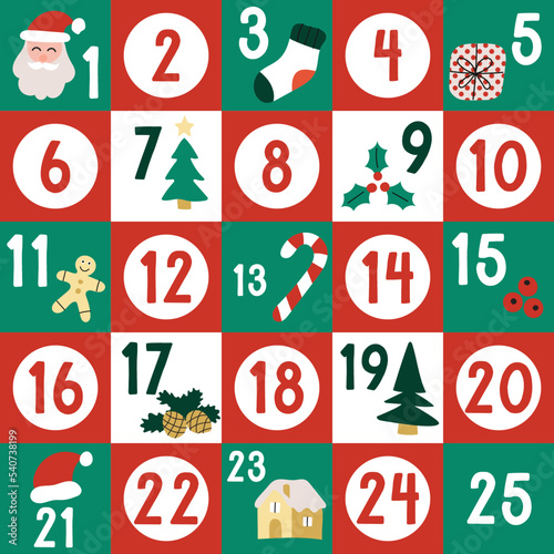 Cute advent Christmas December calendar with colourful letters, Santa, mistletoe, tree, present, gingerbread man, village, candy. adjustable vector