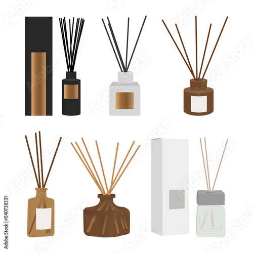 Aromatherapy. Aroma diffuser, essential oil for home set. Vector flat illustration concept. Glass Jar Different Color with Wooden Aroma Sticks