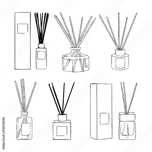 Aromatherapy. Aroma diffuser, essential oil for home set. Vector outline, line art illustration concept. Glass Jar Different Color with Wooden Aroma Sticks photo