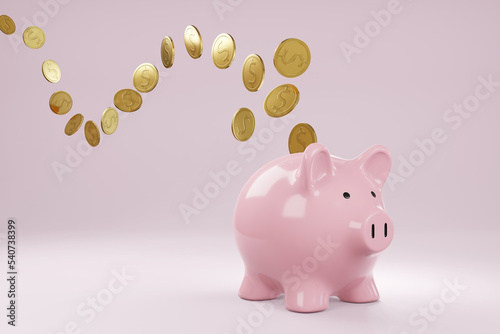 A lot of golden coins being inserted into a pink piggy bank. 3D illustration of the concept of savings, investment and banking services photo