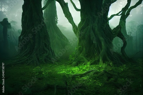 tree roots and green forest, 3D rendering, raster illustration.