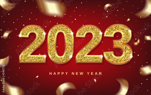 Christmas 2023 numbers sparkle with gold, ribbons and swirling confetti. symbol with soft shadow. 3D realistic illustration. Red background. Vector.