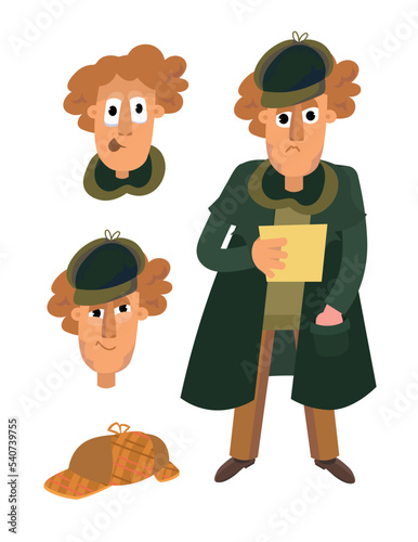 Cute spy Sherlock Holmes in cartoon style. Character for postcards, books, posters. Vector illustration, icon on isolated background.