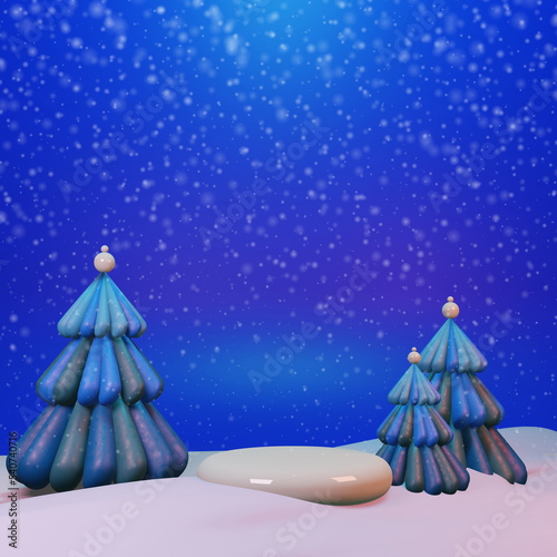 3d christmas background with falling snow, frozen ice trees and white podium for product showcase. New year holiday banner winter mockup scene podium
