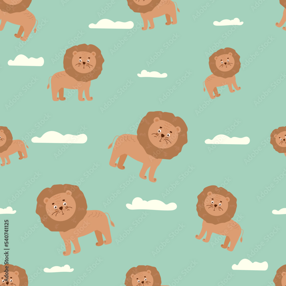 Seamless pattern with cute character lion. Cute vector illustration for kids - lion. Ideal print for fabrics, textiles and gift wrapping Baby Shower. Seamless pattern with cute character lion. Cute vector illustration for kids - lion. Ideal print for fabrics, textiles and gift wrapping Baby Shower.