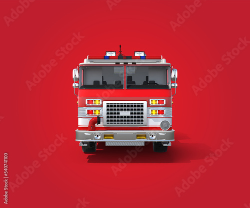 3D rendering Fire rescues a red truck, isolated in the background, Red Firetruck an isolated Front View, Fire safety, Engineer inspection Fire extinguisher, and fire hose.