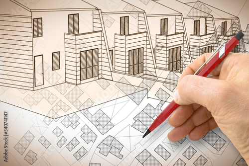 Architect drawing a duplex residential building over an imaginary cadastral map of territory with buildings, fields and roads
