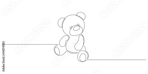 One continuous line drawing of Teddy bear. Soft toy symbol of friendships childrens in simple linear style. Concept for birthday gift and greeting card in editable stroke. Doodle vector illustration