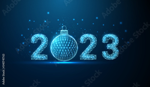 Abstract Happy 2023 New Year greeting card with Christmas ball.
