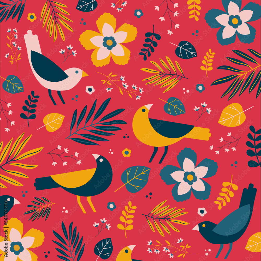 Motif tropical, floral et animal, avec oiseaux, feuilles et plantes exotiques. Eléments vectoriels séparés sur fond uni rouge.