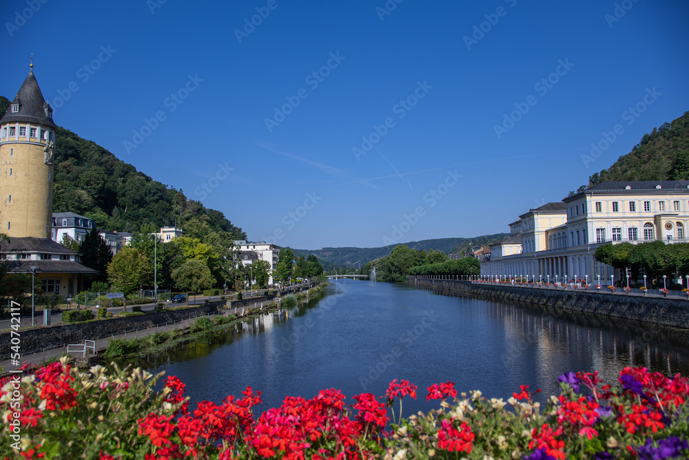 The view of the Lahn on the right side the Spa house Bad Ems and on the left side the spring tower