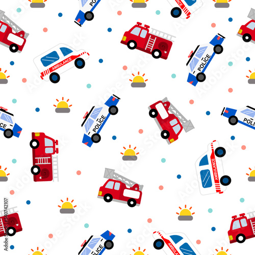 car cartoon pattern design concept.Fire truck , police car ,ambulance car and alarm on white background.Design for kid clothing.printing ,fabric pattern.