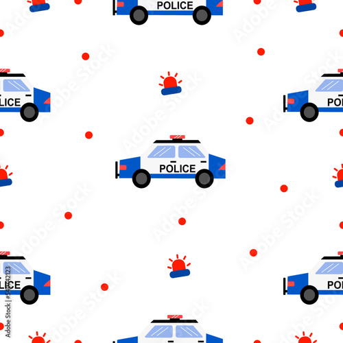 police car cartoon pattern design concept.police car and alarm on white background.Design for kid clothing.printing ,fabric pattern.