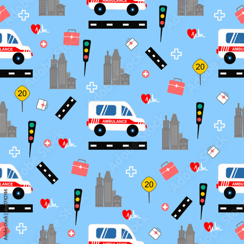 Ambulance car in city pattern concept design. Emergency situation with Ambulance car on road. .design for clothing kids pattern, printing, fabric