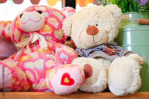 Pink and white bear doll sit together